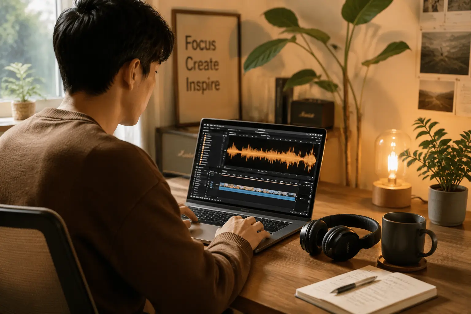 Content creator generating royalty-free instrumental music with an AI music generator for a video project