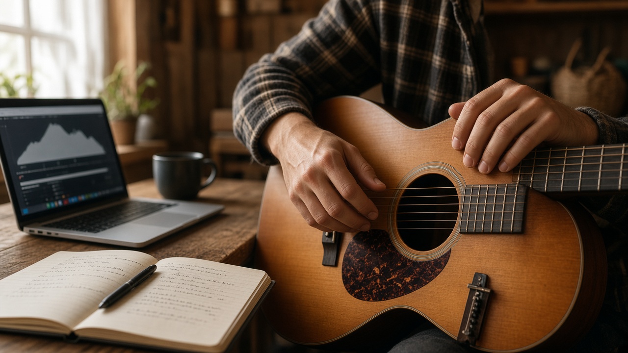 Songwriter playing acoustic guitar with a lyric notebook and laptop while drafting a country song