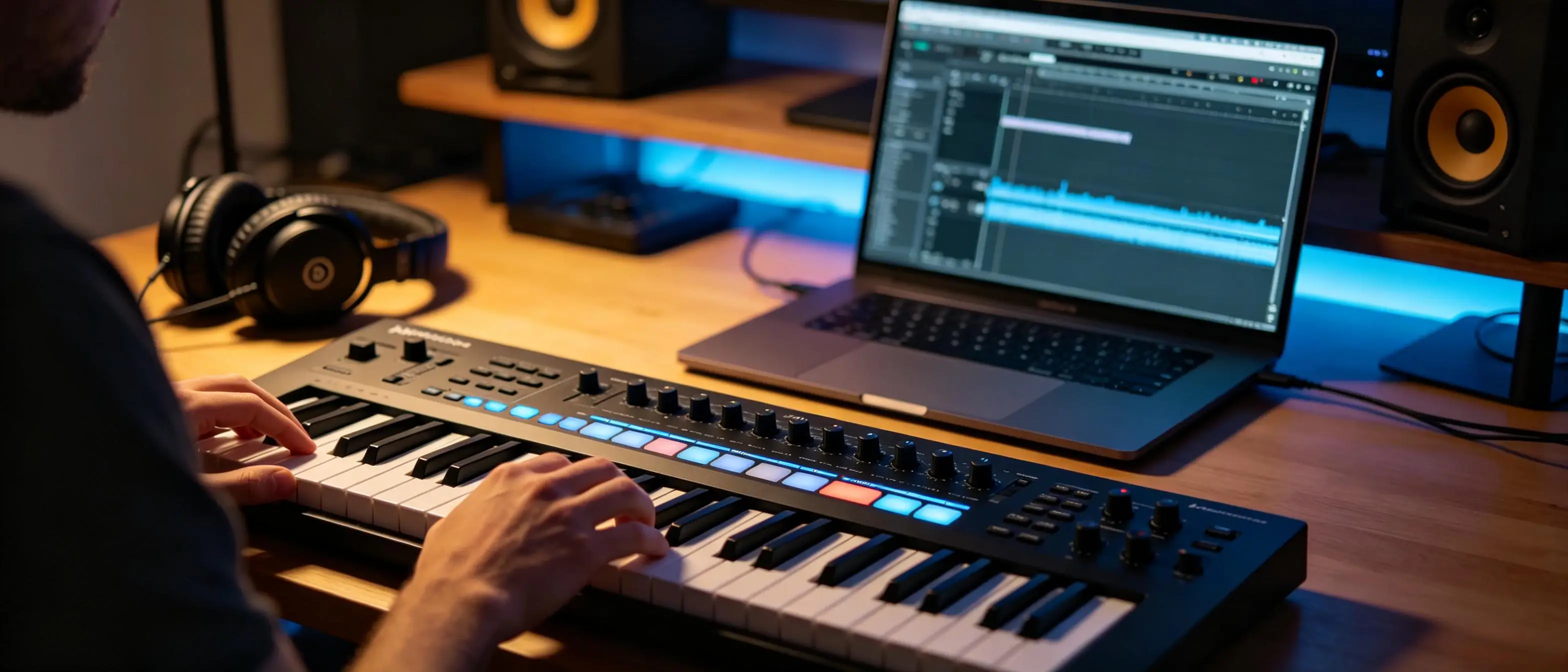 制作人戴着耳机,用笔记本电脑上的数字音频工作站(DAW)制作电子舞曲(EDM)。